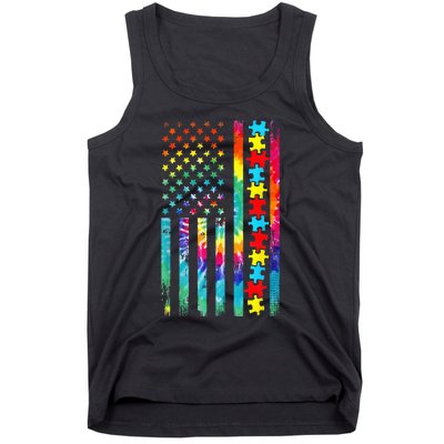 Autism American Flag Tie Dye Autism Awareness Tank Top