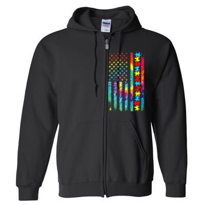 Autism American Flag Tie Dye Autism Awareness Full Zip Hoodie