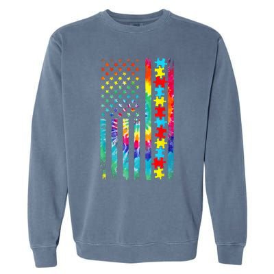 Autism American Flag Tie Dye Autism Awareness Garment-Dyed Sweatshirt