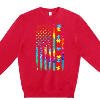 Autism American Flag Tie Dye Autism Awareness Premium Crewneck Sweatshirt