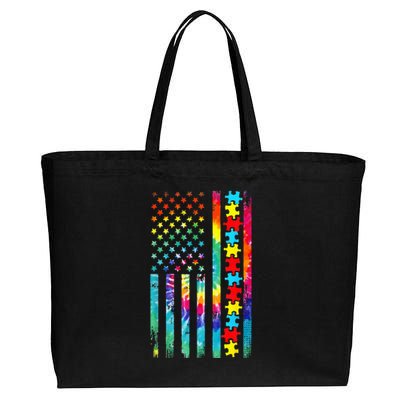 Autism American Flag Tie Dye Autism Awareness Cotton Canvas Jumbo Tote