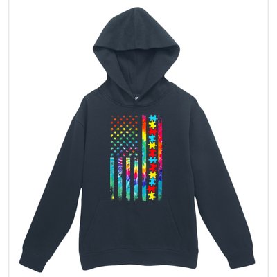 Autism American Flag Tie Dye Autism Awareness Urban Pullover Hoodie