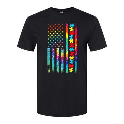 Autism American Flag Tie Dye Autism Awareness Softstyle CVC T-Shirt