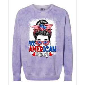 All American Flag Mom Messy Bun Mama 4th Of July Mommy Great Gift Colorblast Crewneck Sweatshirt