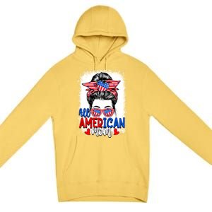 All American Flag Mom Messy Bun Mama 4th Of July Mommy Great Gift Premium Pullover Hoodie