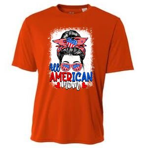 All American Flag Mom Messy Bun Mama 4th Of July Mommy Great Gift Cooling Performance Crew T-Shirt