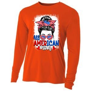 All American Flag Mom Messy Bun Mama 4th Of July Mommy Great Gift Cooling Performance Long Sleeve Crew