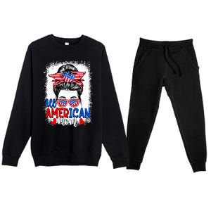 All American Flag Mom Messy Bun Mama 4th Of July Mommy Great Gift Premium Crewneck Sweatsuit Set