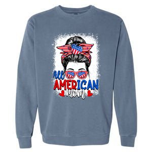 All American Flag Mom Messy Bun Mama 4th Of July Mommy Great Gift Garment-Dyed Sweatshirt