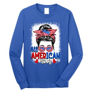 All American Flag Mom Messy Bun Mama 4th Of July Mommy Great Gift Long Sleeve Shirt