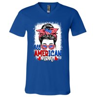 All American Flag Mom Messy Bun Mama 4th Of July Mommy Great Gift V-Neck T-Shirt