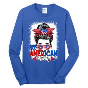 All American Flag Mom Messy Bun Mama 4th Of July Mommy Great Gift Tall Long Sleeve T-Shirt