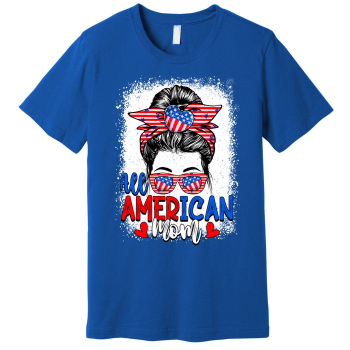 All American Flag Mom Messy Bun Mama 4th Of July Mommy Great Gift Premium T-Shirt