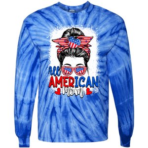 All American Flag Mom Messy Bun Mama 4th Of July Mommy Great Gift Tie-Dye Long Sleeve Shirt