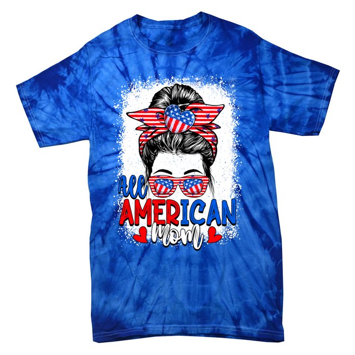 All American Flag Mom Messy Bun Mama 4th Of July Mommy Great Gift Tie-Dye T-Shirt