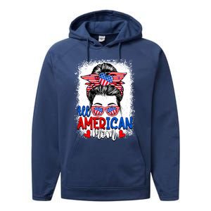 All American Flag Mom Messy Bun Mama 4th Of July Mommy Great Gift Performance Fleece Hoodie