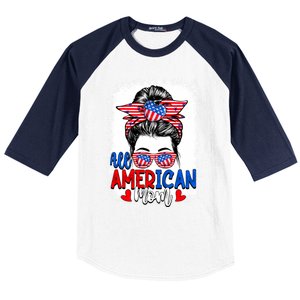 All American Flag Mom Messy Bun Mama 4th Of July Mommy Great Gift Baseball Sleeve Shirt