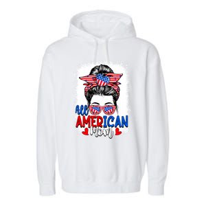 All American Flag Mom Messy Bun Mama 4th Of July Mommy Great Gift Garment-Dyed Fleece Hoodie