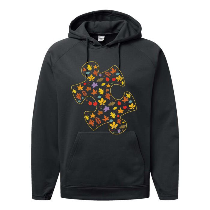 Autism Awareness Fall Leaf Autumn Thanksgiving Puzzle Piece Performance Fleece Hoodie