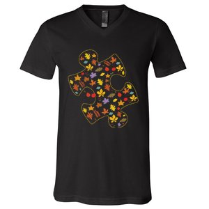 Autism Awareness Fall Leaf Autumn Thanksgiving Puzzle Piece V-Neck T-Shirt