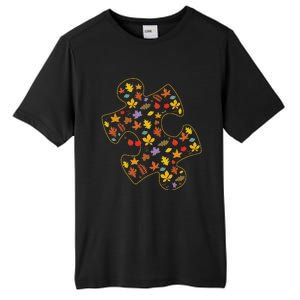 Autism Awareness Fall Leaf Autumn Thanksgiving Puzzle Piece Tall Fusion ChromaSoft Performance T-Shirt