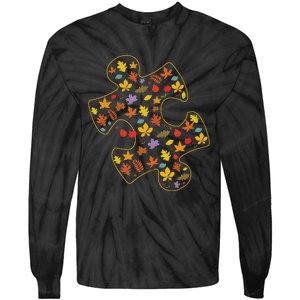 Autism Awareness Fall Leaf Autumn Thanksgiving Puzzle Piece Tie-Dye Long Sleeve Shirt