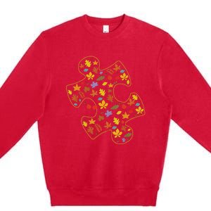 Autism Awareness Fall Leaf Autumn Thanksgiving Puzzle Piece Premium Crewneck Sweatshirt