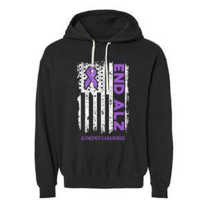 Alzheimers American Flag End Alz Alzheimers Awareness Garment-Dyed Fleece Hoodie