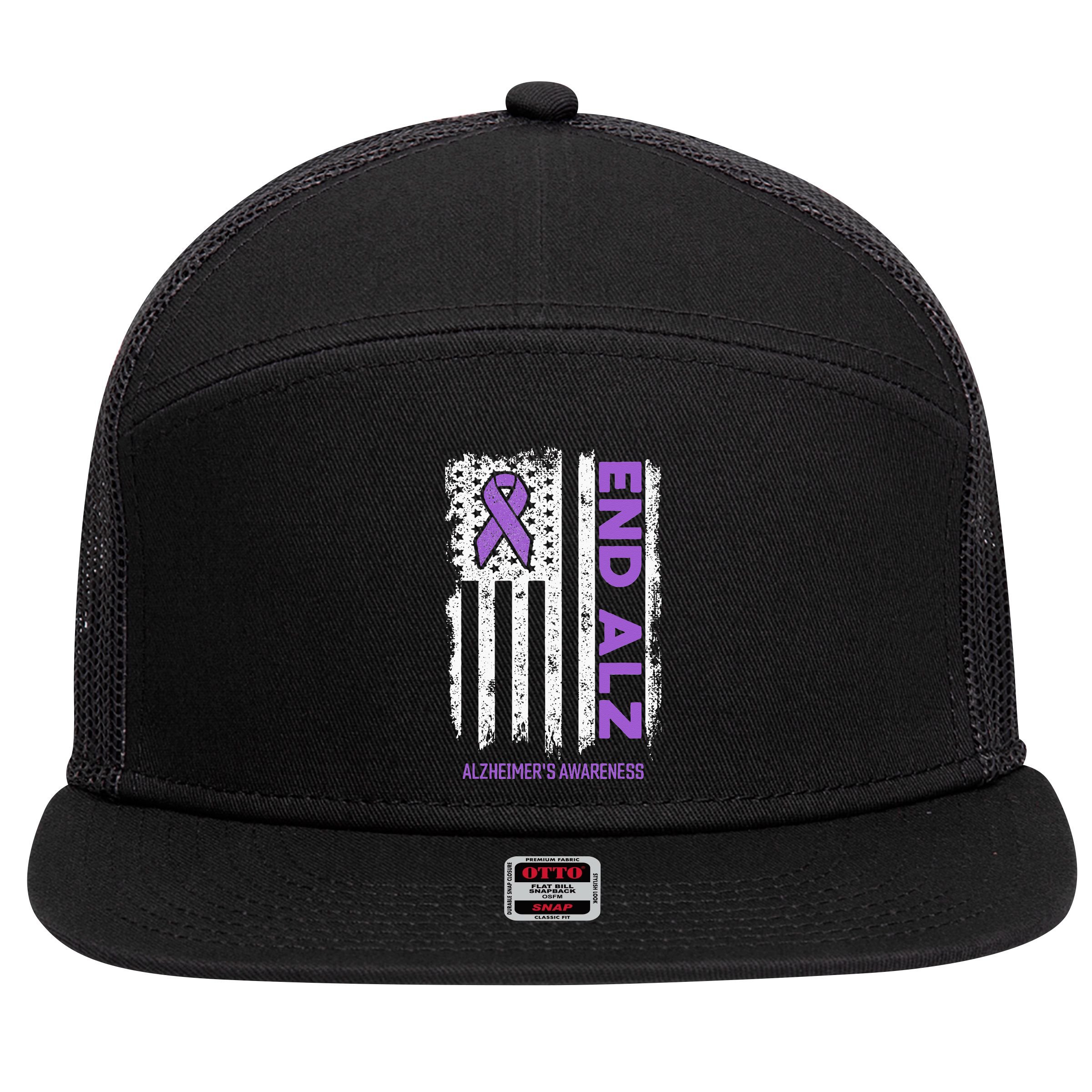 Alzheimers American Flag End Alz Alzheimers Awareness 7 Panel Mesh Trucker Snapback Hat