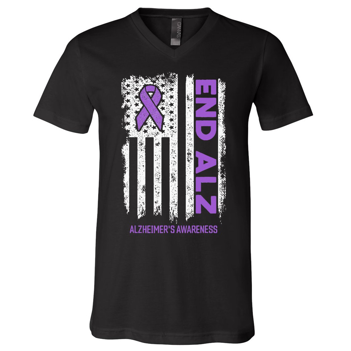 Alzheimers American Flag End Alz Alzheimers Awareness V-Neck T-Shirt