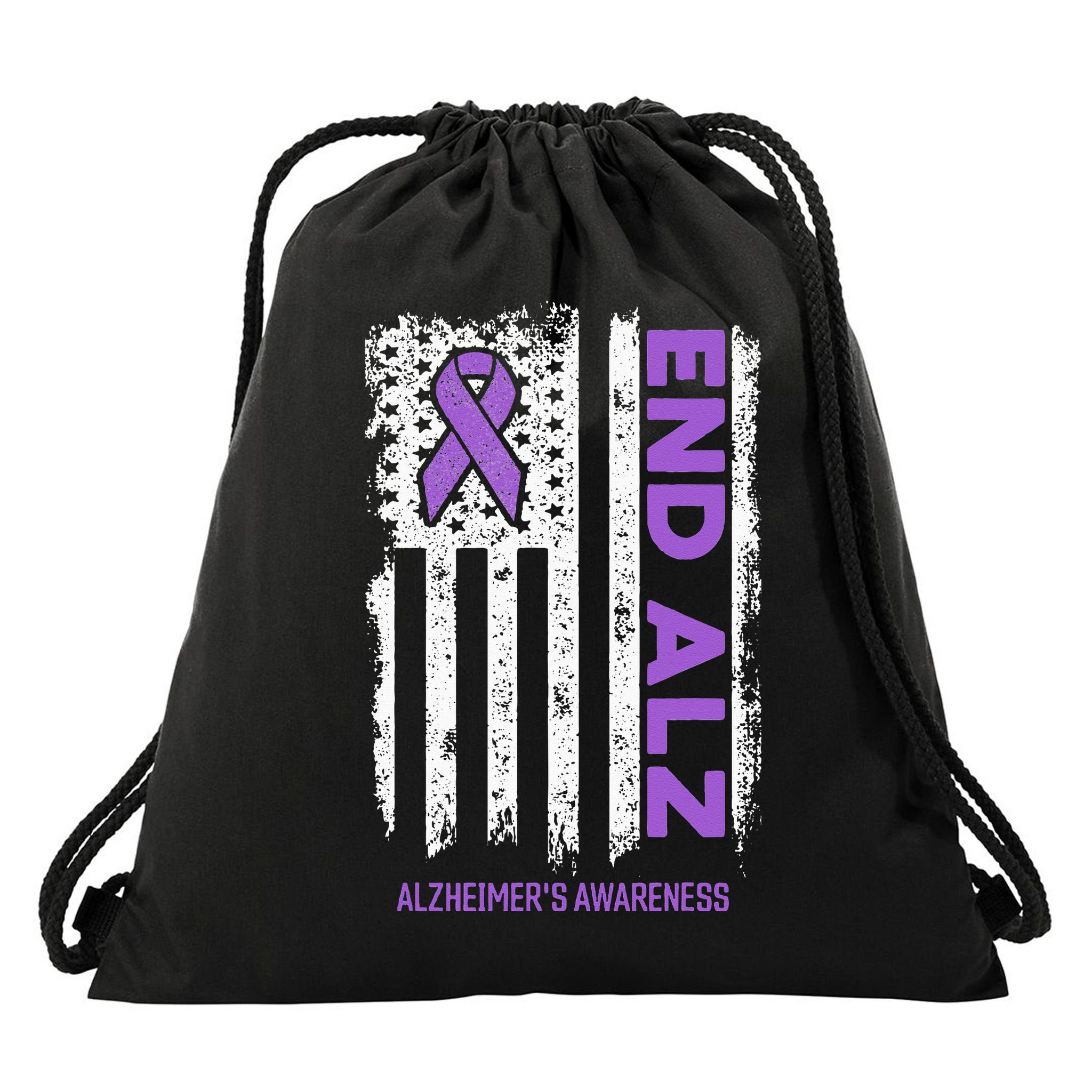 Alzheimers American Flag End Alz Alzheimers Awareness Drawstring Bag