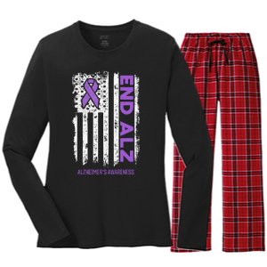 Alzheimers American Flag End Alz Alzheimers Awareness Women's Long Sleeve Flannel Pajama Set 