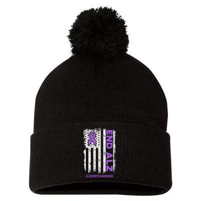 Alzheimers American Flag End Alz Alzheimers Awareness Pom Pom 12in Knit Beanie