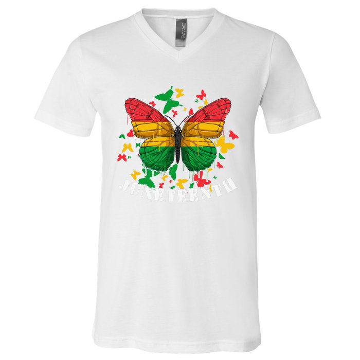 African American Freedom Black Pride Juneteenth Butterfly V-Neck T-Shirt