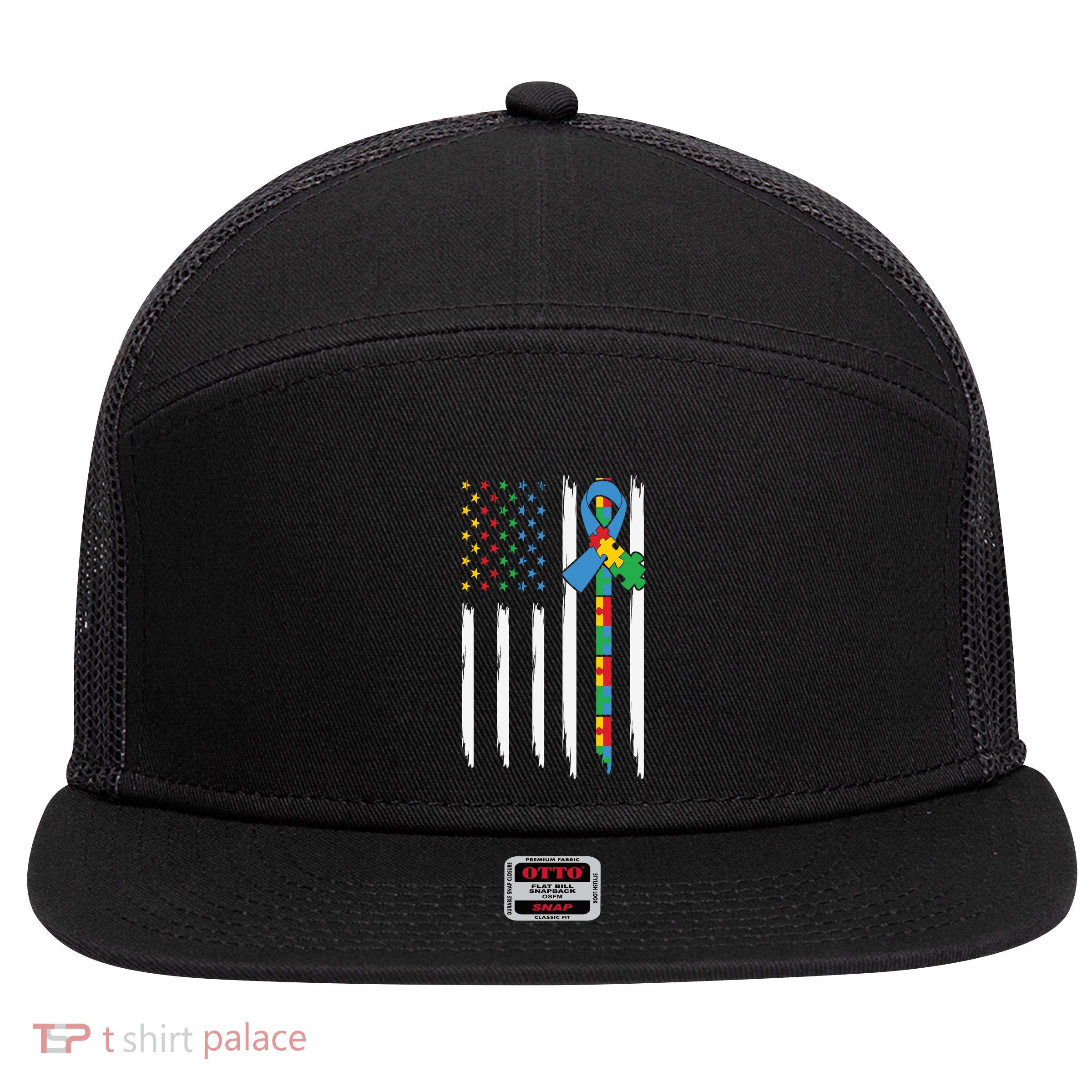 Autism American Flag Distressed Autism Awareness 7 Panel Mesh Trucker Snapback Hat