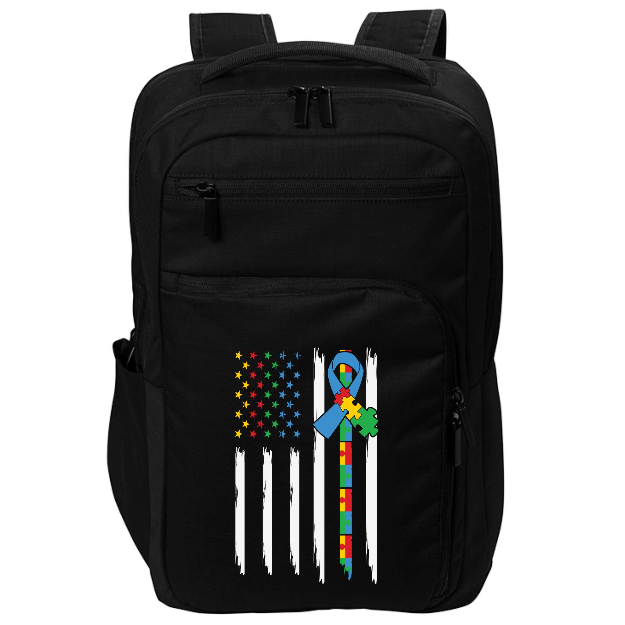 Autism American Flag Distressed Autism Awareness Impact Tech Backpack
