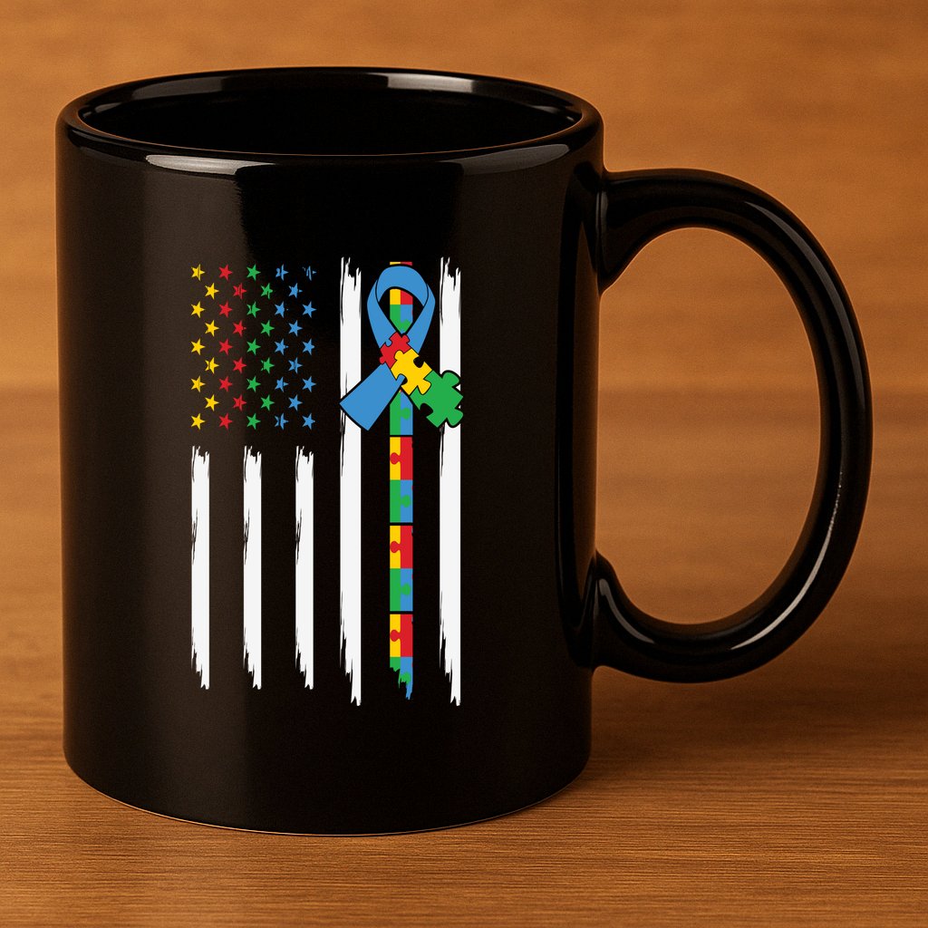Autism American Flag Distressed Autism Awareness 11oz C Handle Ceramic Mug