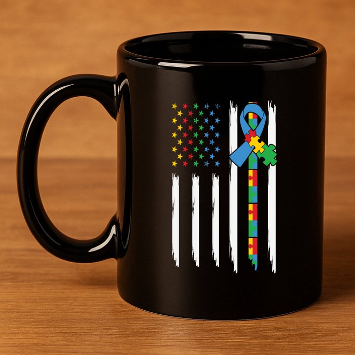 Autism American Flag Distressed Autism Awareness 11oz C Handle Ceramic Mug