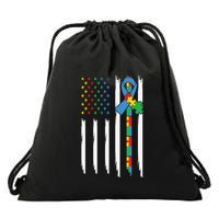 Autism American Flag Distressed Autism Awareness Drawstring Bag