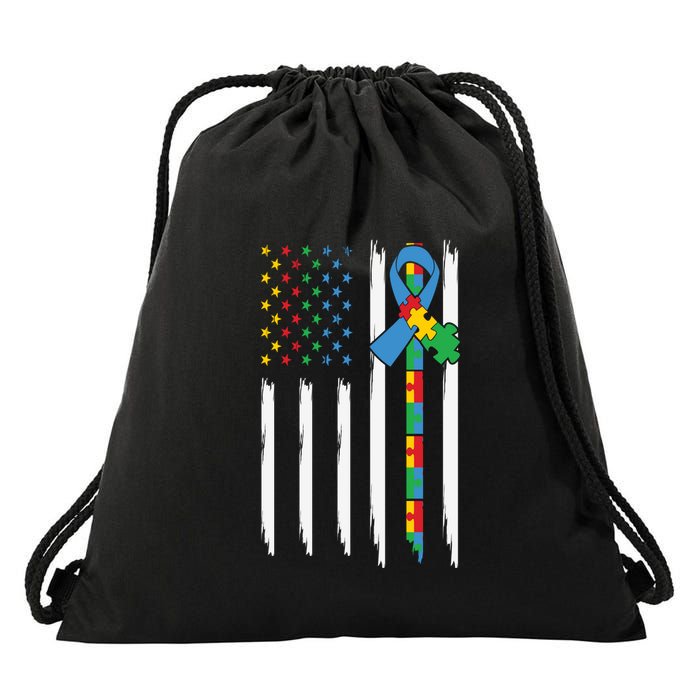Autism American Flag Distressed Autism Awareness Drawstring Bag