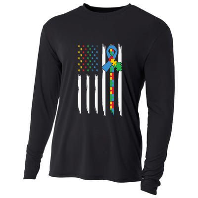 Autism American Flag Distressed Autism Awareness Cooling Performance Long Sleeve Crew