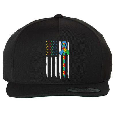 Autism American Flag Distressed Autism Awareness Wool Snapback Cap