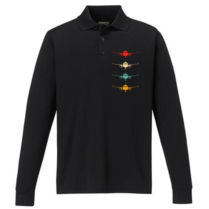 Aviation Airplane Flying Airline Funny Vintage Pilot Performance Long Sleeve Polo