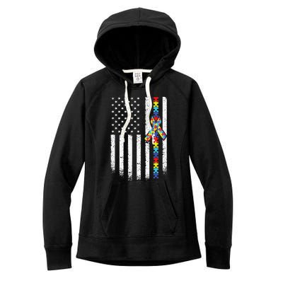 Autism American Flag Puzzle Autism Awareness Gift Women's Fleece Hoodie