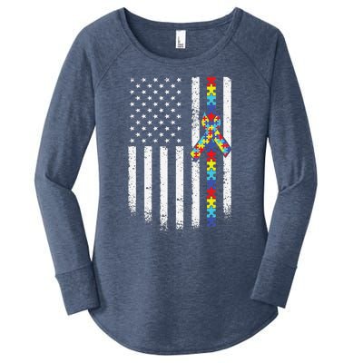 Autism American Flag Puzzle Autism Awareness Gift Women's Perfect Tri Tunic Long Sleeve Shirt