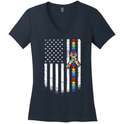 Autism American Flag Puzzle Autism Awareness Gift Women's V-Neck T-Shirt