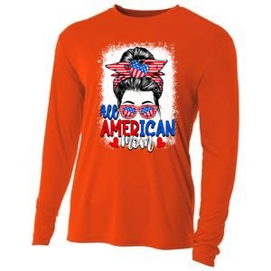 All American Flag Mom Messy Bun Mama 4th Of July Mommy Gift Cooling Performance Long Sleeve Crew