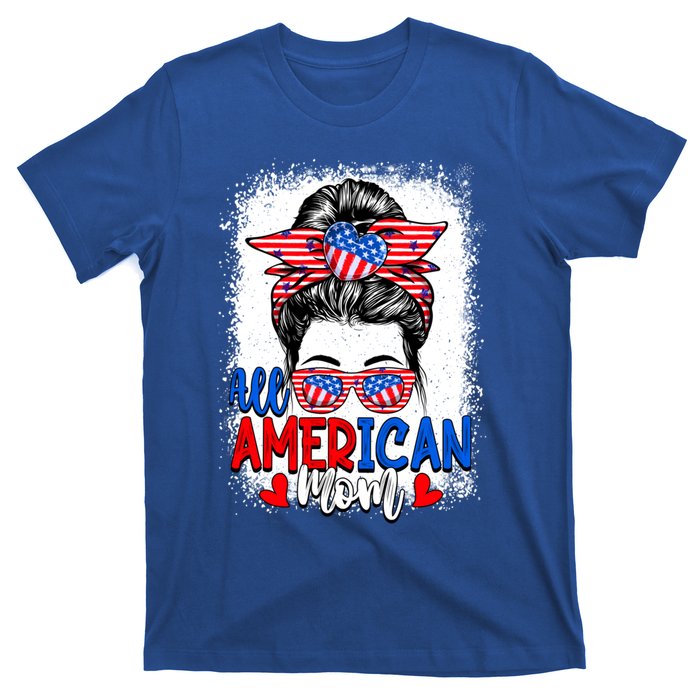 All American Flag Mom Messy Bun Mama 4th Of July Mommy Gift T-Shirt