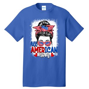 All American Flag Mom Messy Bun Mama 4th Of July Mommy Gift Tall T-Shirt