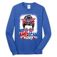 All American Flag Mom Messy Bun Mama 4th Of July Mommy Gift Tall Long Sleeve T-Shirt